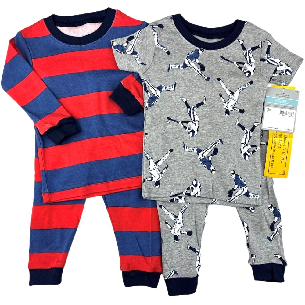 Carter's Baby Boy 6 Mos Pajama Lot 4pc Cotton Baseball Red Blue Stripe Gray NWT